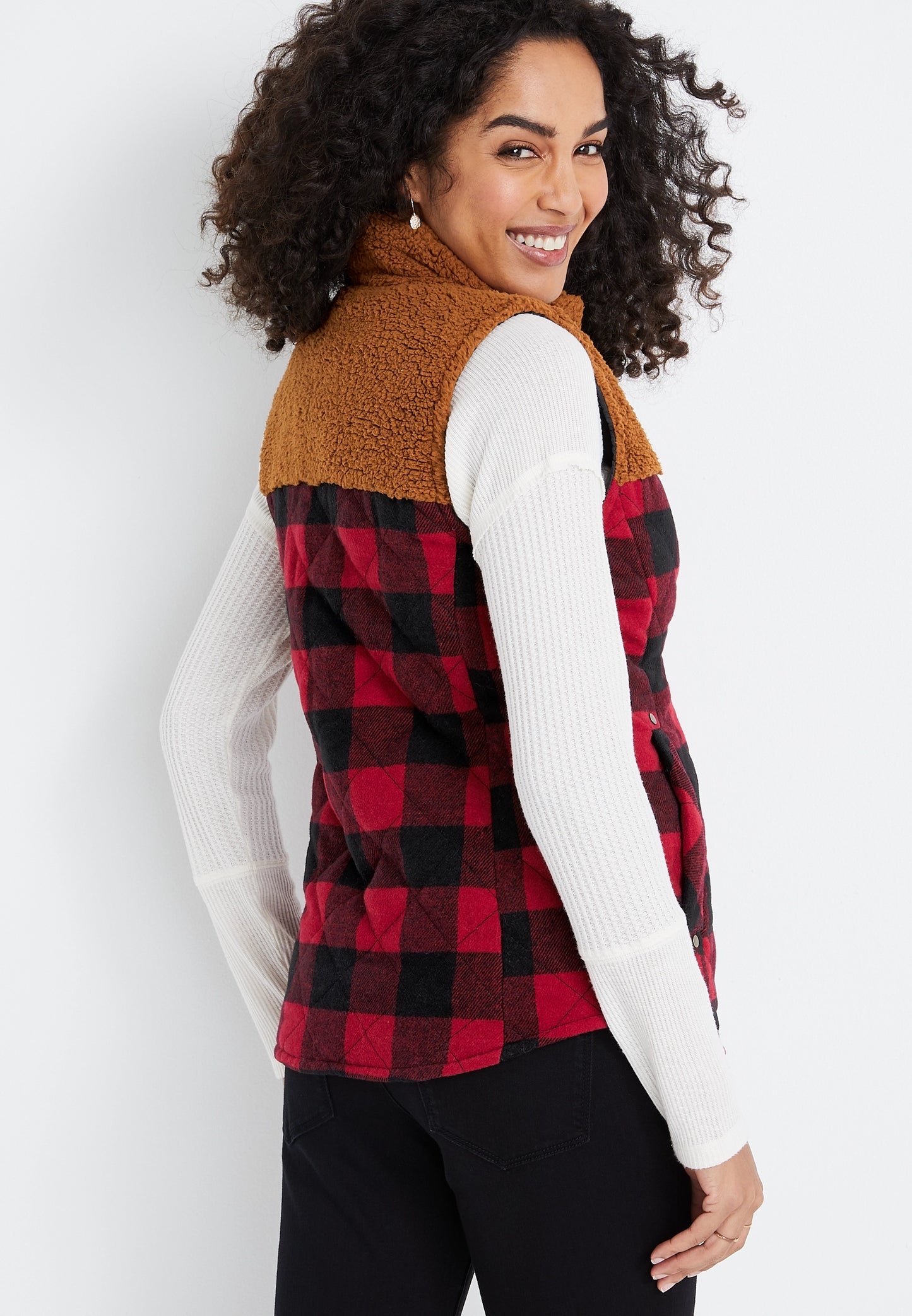Maurice’s Plaid Red Puffer Styled Sherpa Detailed Vest