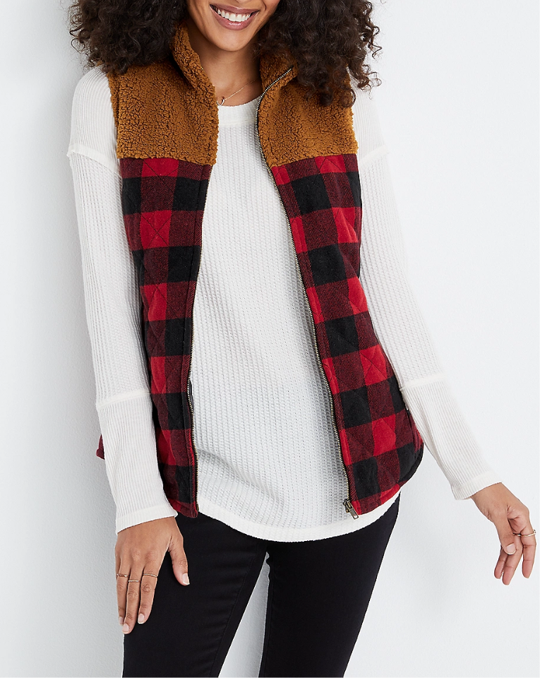 Maurice’s Plaid Red Puffer Styled Sherpa Detailed Vest