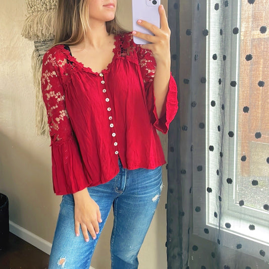 Red Button Up Lace Top