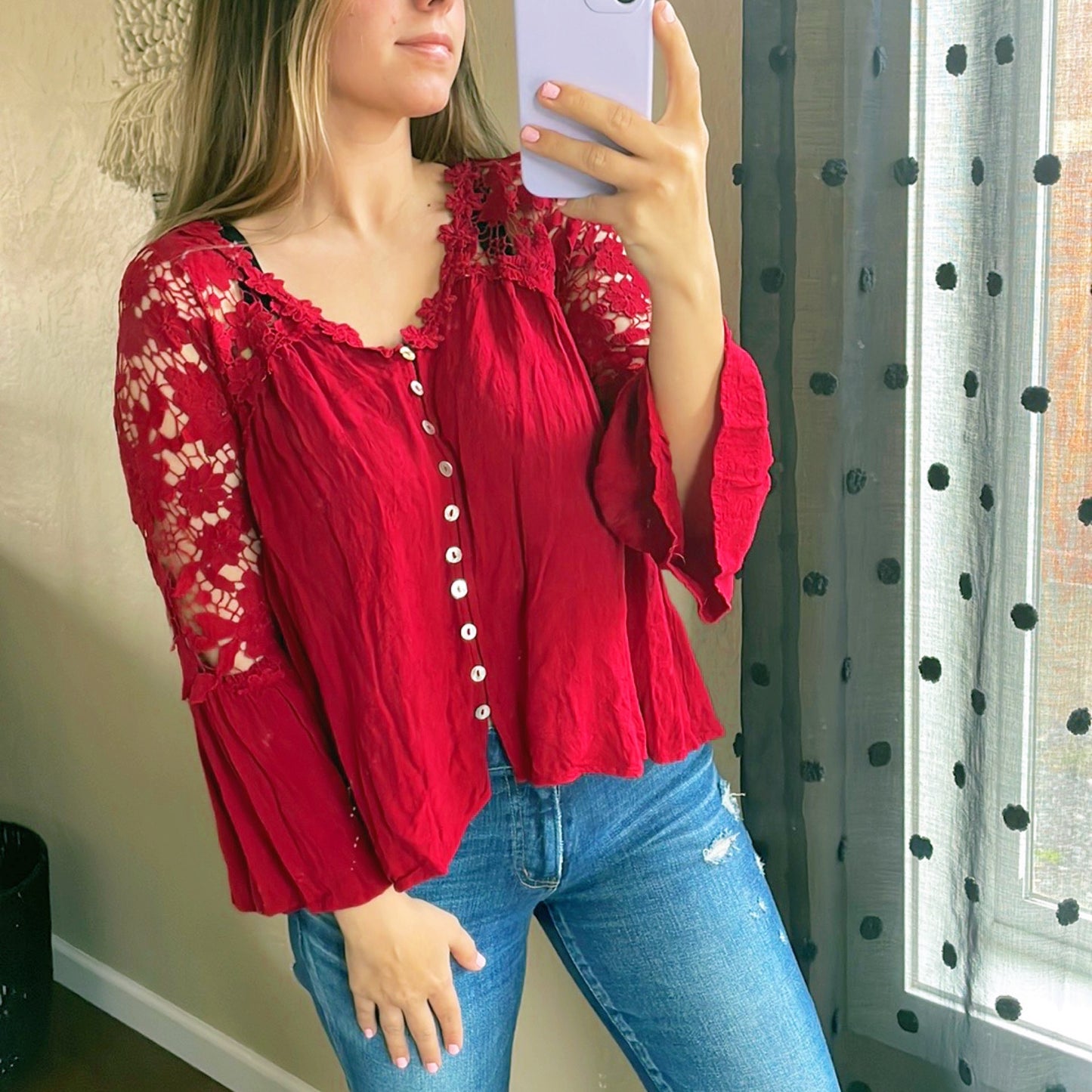 Red Button Up Lace Top