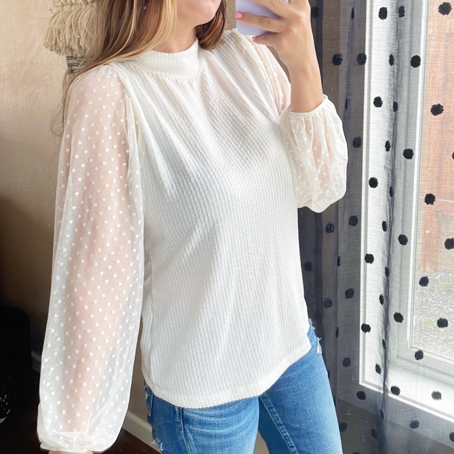 Sheer Dot Sleeve Knit Top