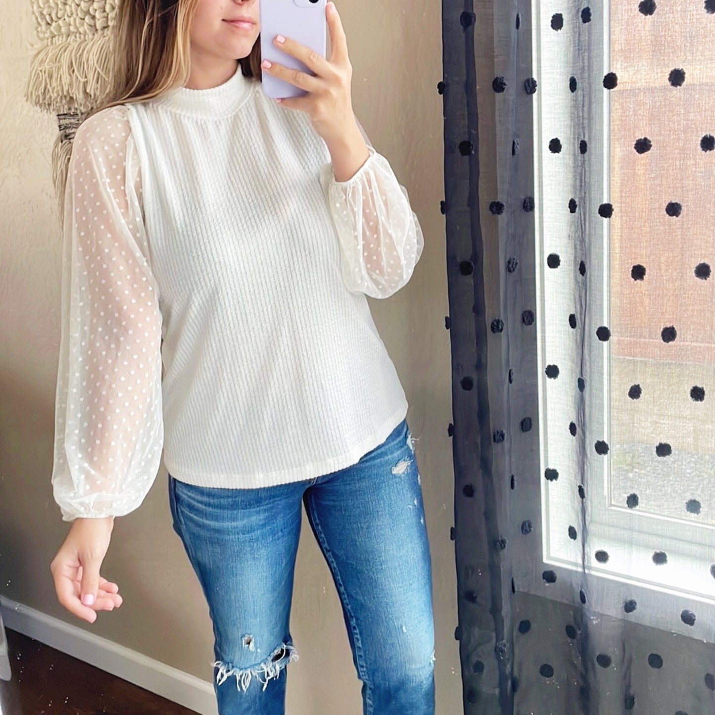 Sheer Dot Sleeve Knit Top