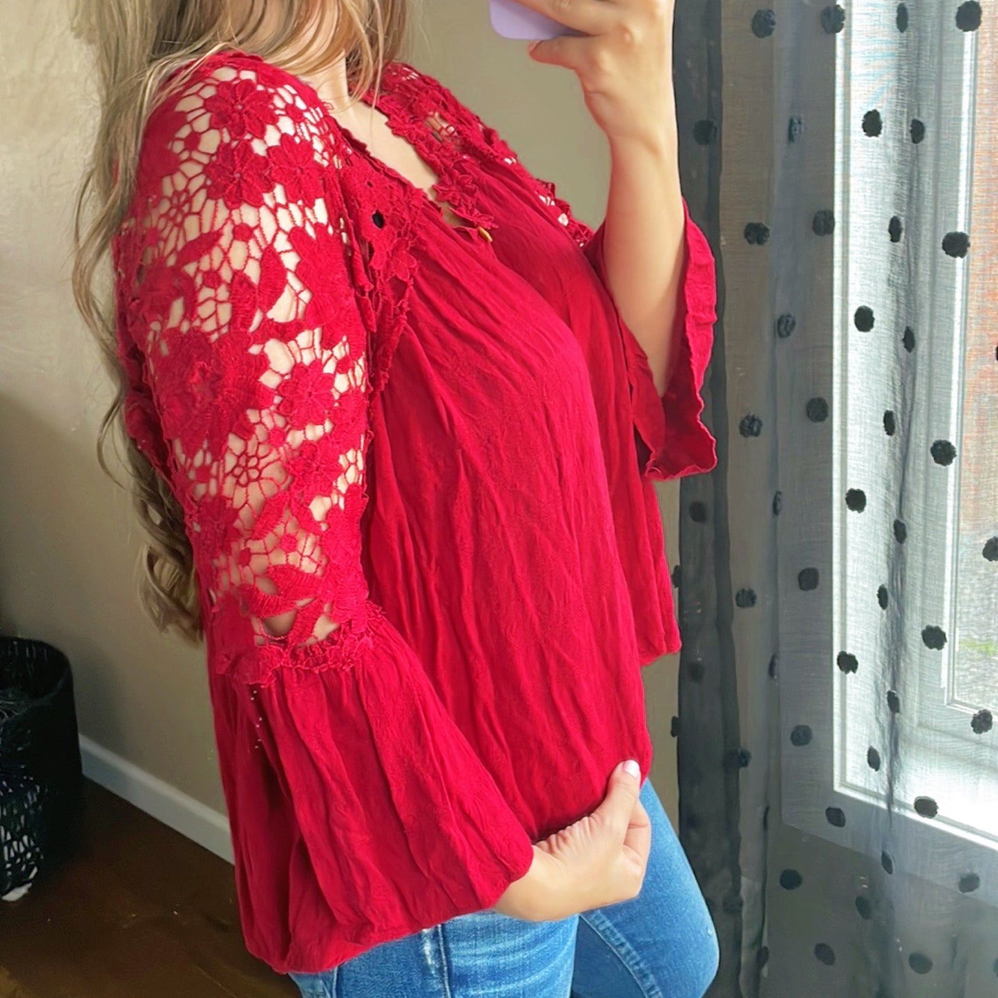 Red Button Up Lace Top