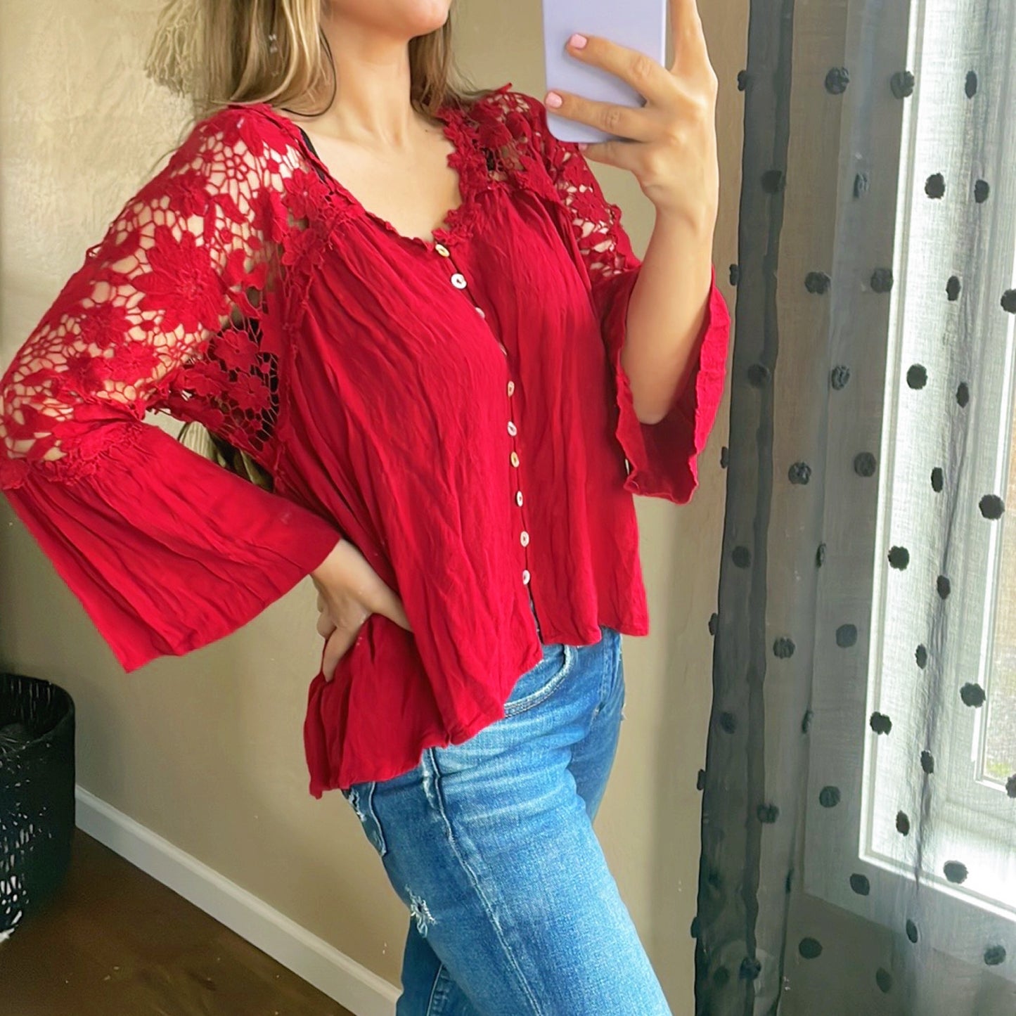 Red Button Up Lace Top