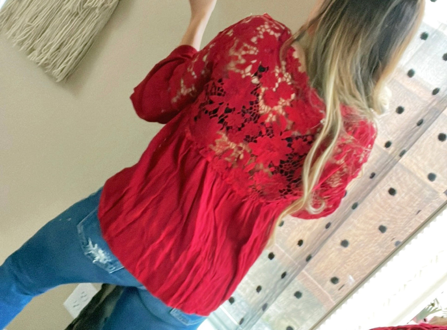 Red Button Up Lace Top