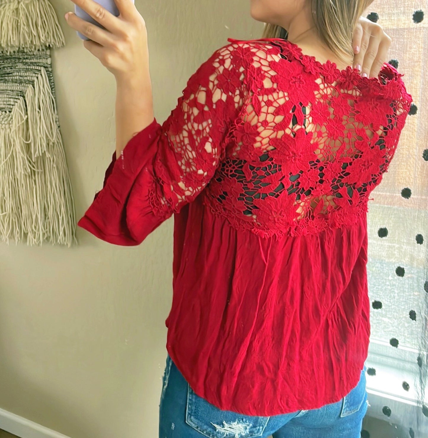 Red Button Up Lace Top