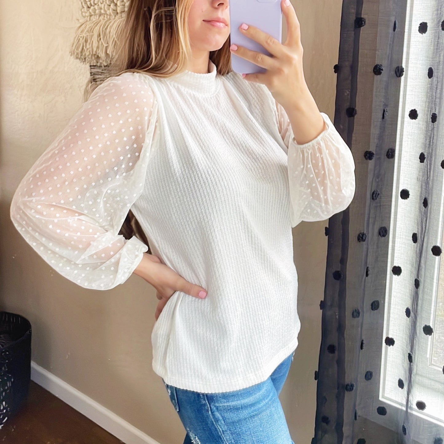 Sheer Dot Sleeve Knit Top