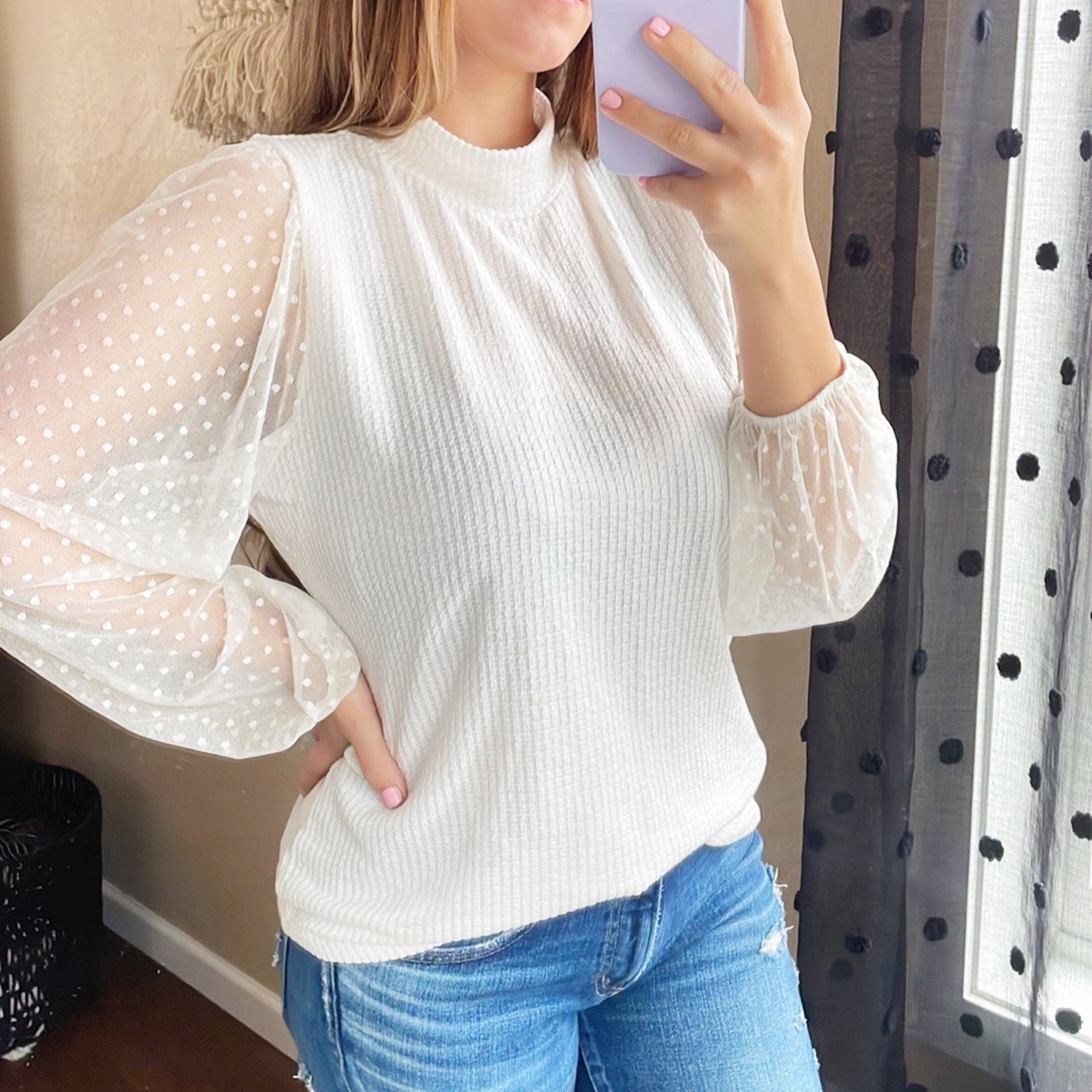 Sheer Dot Sleeve Knit Top